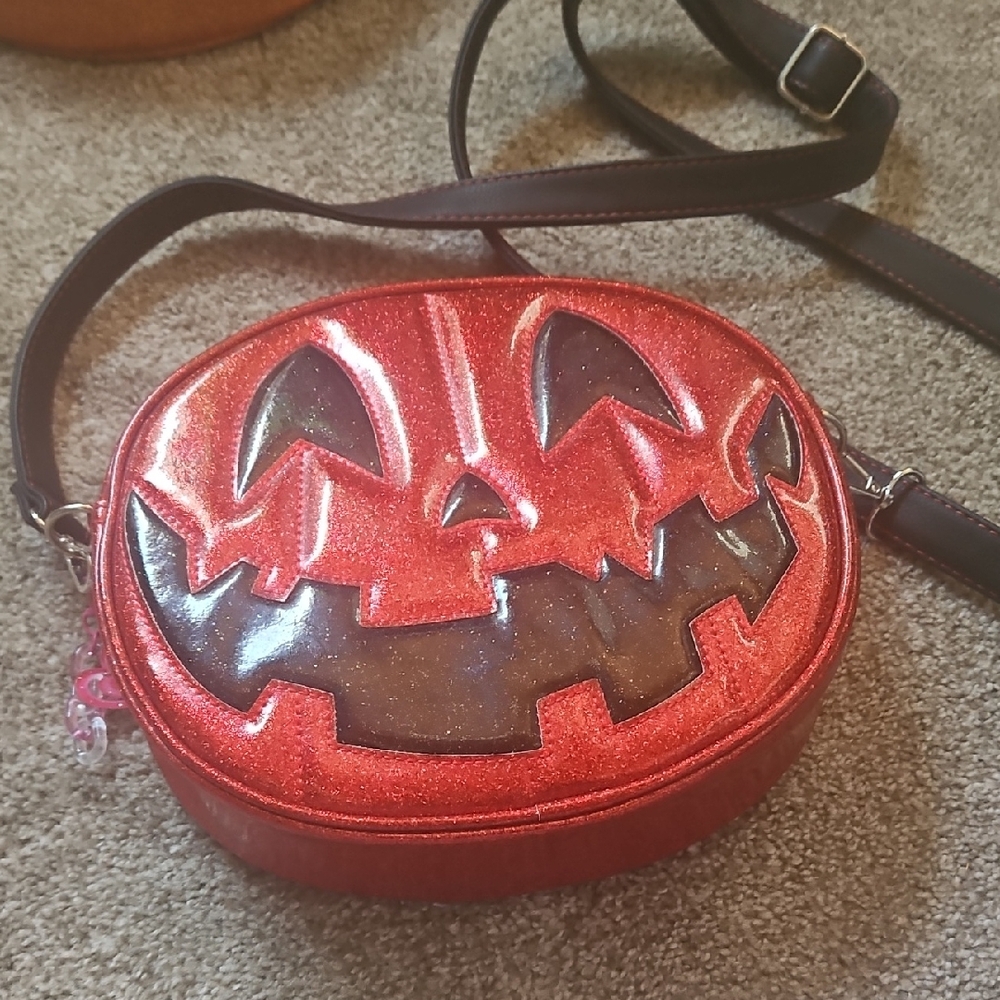 Love, Pain, & Stitches Red Glitter Pumpkin Kult Double Sided Crossbody Bag